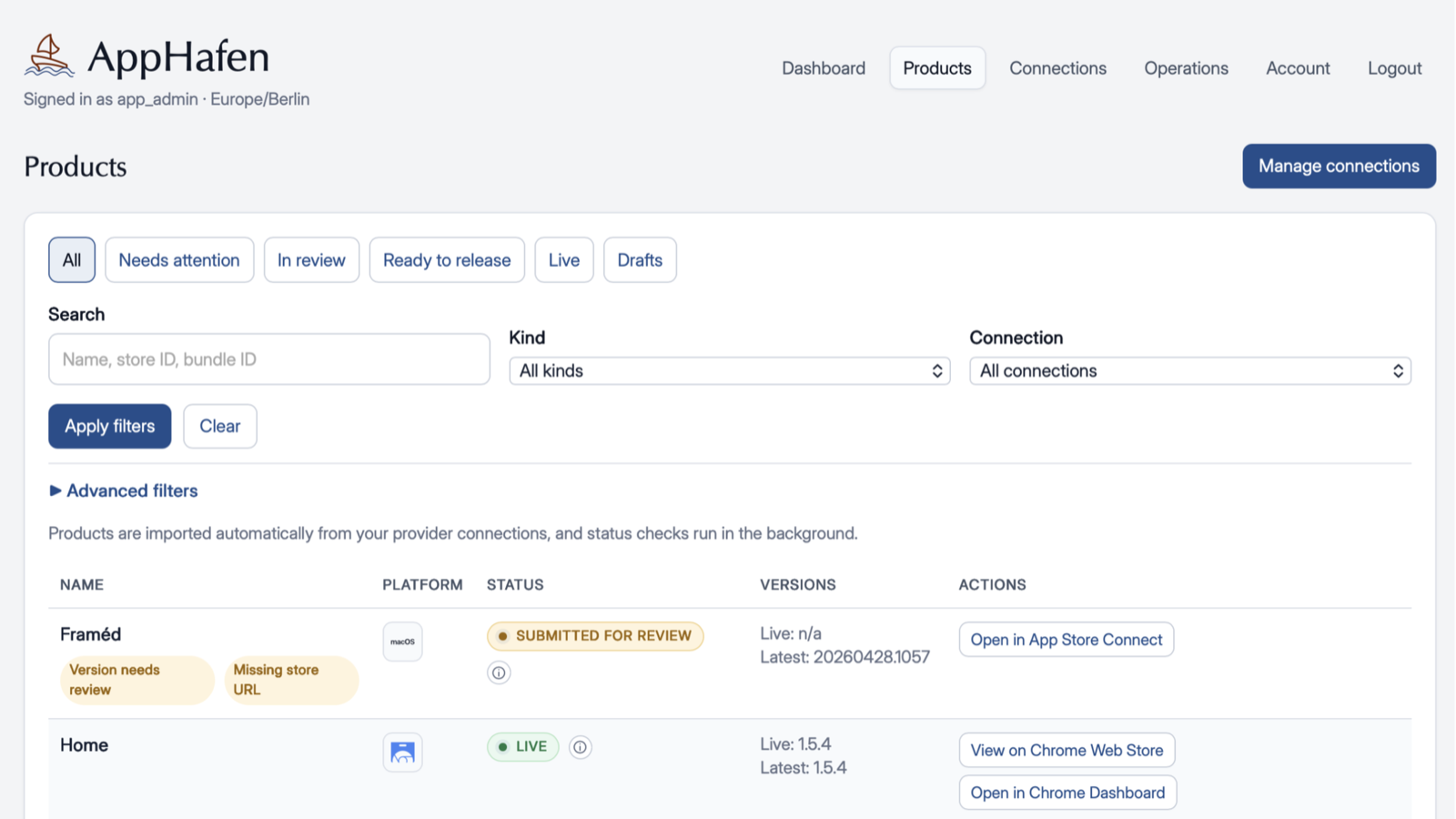 AppHafen products page showing filters, product statuses, versions, and provider actions